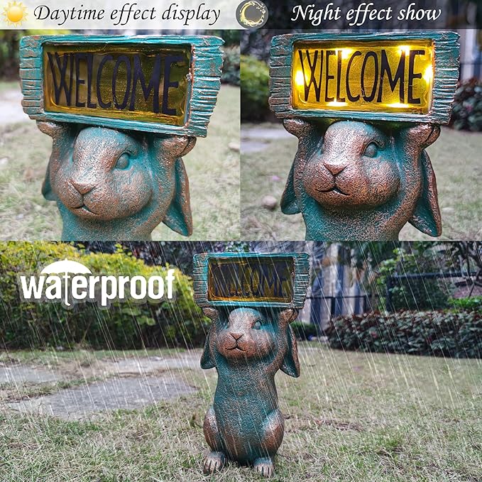 Rabbit Solar Welcome Garden Statues Outdoor Décor-Rabbit Figurines Solar LED Light Lawn Ornaments - Yard Decorations for Patio, Balcony, Backyard -Unique House Warming Gifts for Mom-Ruum Studio Home