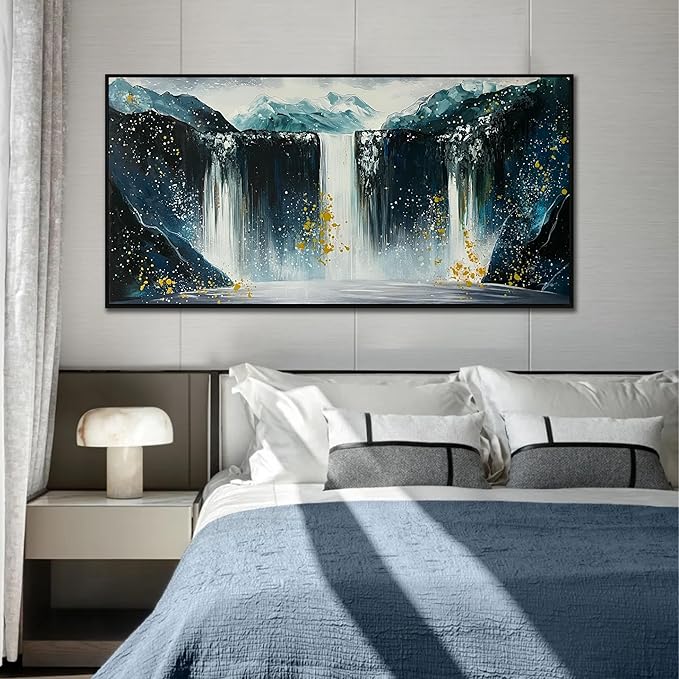 Waterfall Hand Painted Wall Art for Living Room - Mountains Wall Art for Office Decor - Landscape Big Wall Art for Living Room Size 29" x 59"-Ruum Studio Home