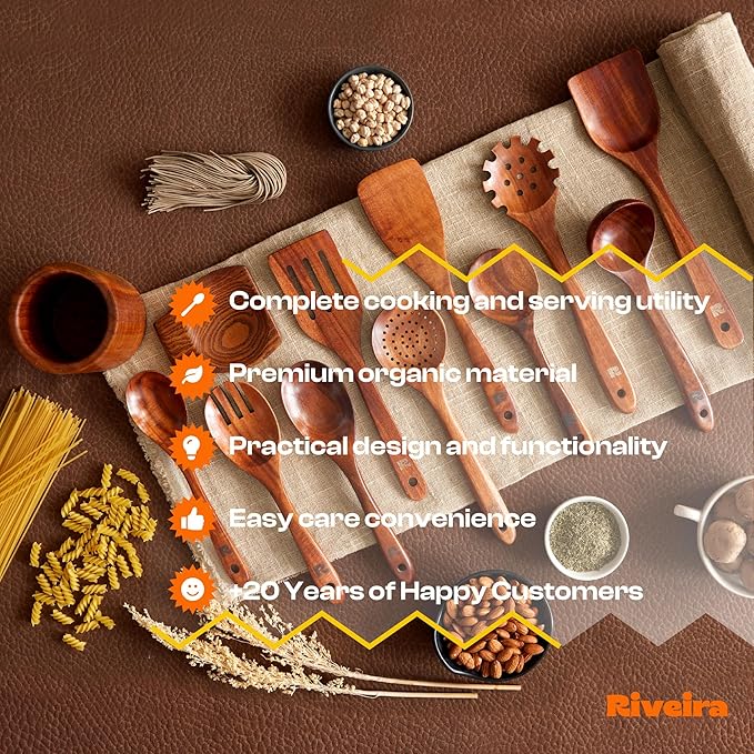 Riveira Dark Teak Kitchen Utensils Set - 12-Piece Non-Toxic Cooking Utensils Set - Wooden Spoons for Cooking - Spatula for Cooking - Teak Wooden Utensils-Ruum Studio Home