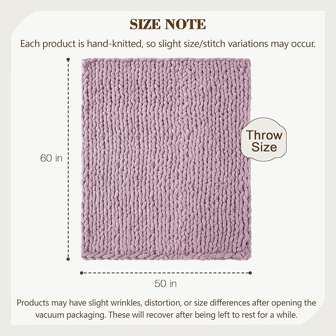 Carriediosa Chunky Knit Throw Blanket 50" X 60", 100% Hand Made Large Chenille Loop Yarn Soft Fluffy Throws for Couch Sofa Bed, Big Crochet Cozy Heavy Thick Cable Woven Blankets, Purple-Ruum Studio Home