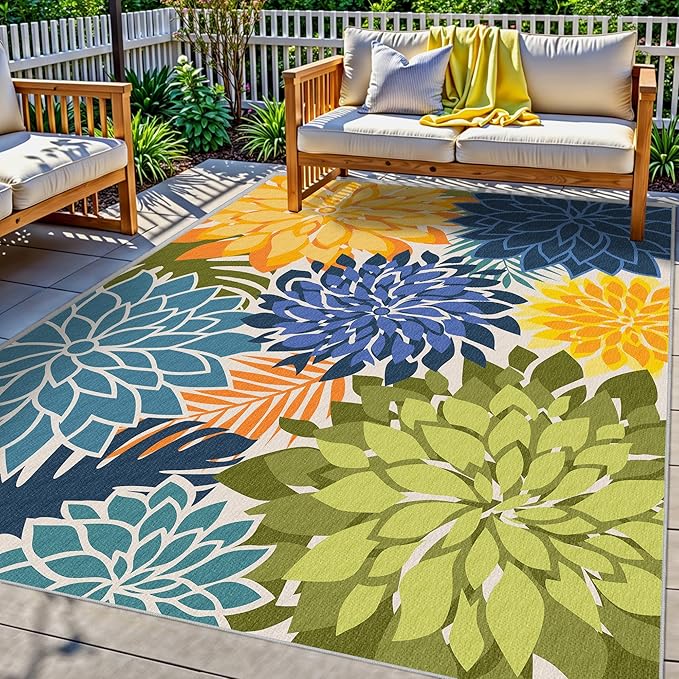 Indoor Outdoor Area Rug Washable Multicolored Patio Rug Tropical Botanical Modern Floral Indoor Outdoor Carpet Non Slip Yellow Green Rug Non Shedding for Patio, Deck, Backyard, Porch (5x8)-Ruum Studio Home