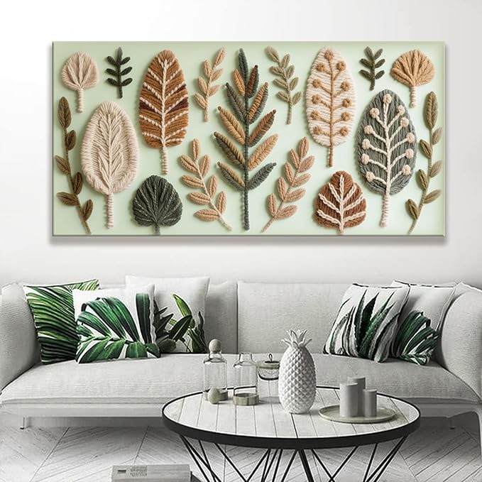 Large Boho Wall Art For Living Room Chic Home Green Wall Art Modern Multicolor Print Paintings Leaves Feather Canvas Wall Art Decor Picture For Bedroom Apartment Kitchen Ready To Hang 29"W X 58"L-Ruum Studio Home