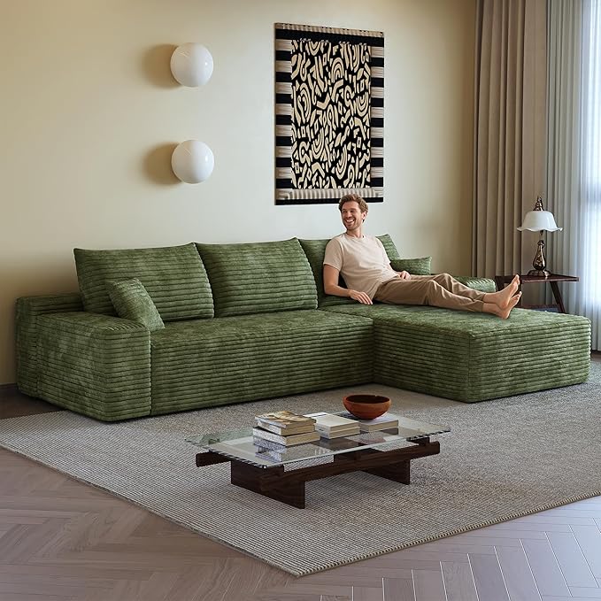 108" Sectional Couches for Living Room Modern Modular Sofa with L-Shape Couchs Upholstered Boneless Couch Deep Seat Sectional Couch with Chaise (Green, Right Facing Chaise+2Seaters)-Ruum Studio Home
