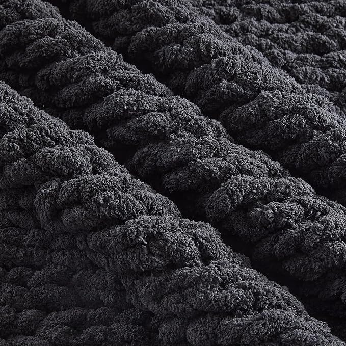 Carriediosa Chunky Knit Throw Blanket 60" X 80" Twin, 100% Hand Made Large Chenille Loop Yarn Soft Fluffy Throws for Couch Sofa Bed, Big Crochet Cozy Heavy Thick Cable Woven Blankets, Black-Ruum Studio Home