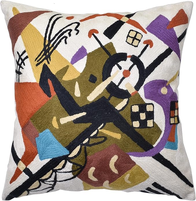 Kandinsky Abstract Pillow Cover - White Modern Throw Pillowcase Cream Chair Cushion Contemporary Farmhouse Pillows Modern Couch Handmade Wool Size 18x18-Ruum Studio Home