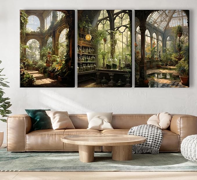 3pcs Framed William Morris Green Plants Canvas Wall Art Medieval Castle Posters Prints Gothictalian Landscape Painting Pictures Paintings Wall Decor for Living Room Bathroom Bedroom Decoration-Ruum Studio Home