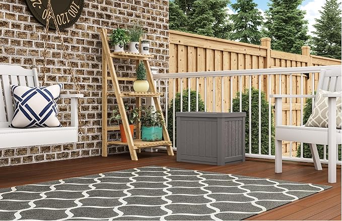 Suncast 22-Gallon Small Deck Box - Lightweight Resin Indoor/Outdoor Storage Container and Seat for Patio Cushions and Gardening Tools - Store Items on Patio, Garage, Yard - Stone Gray, Made in the USA-Ruum Studio Home