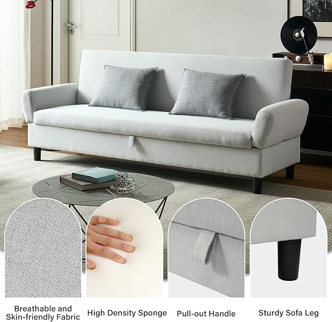 Convertible Futon Sofa Bed, 80.7" Adjustable Sleeper Sofa with Storage, 3-Seater Couch, 5-Position Reclining Back, 7" Thick Cushion, Twin Size Sofa for Small Spaces, Living Room, Bedroom, Dorm, Office-Ruum Studio Home