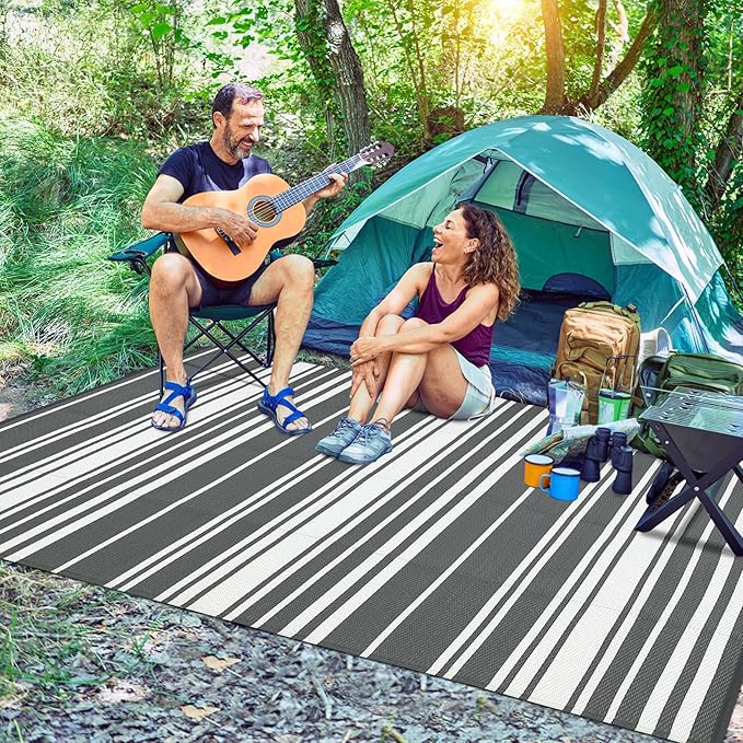 Outdoor Patio Rug 9x12 Stain-Resistant Reversible Camping Mat, Modern Striped Outdoor Plastic Straw Rug, Waterproof Outside Carpet, Easy to Clean for RV, Porch, Deck, Balcony, Grey-Ruum Studio Home