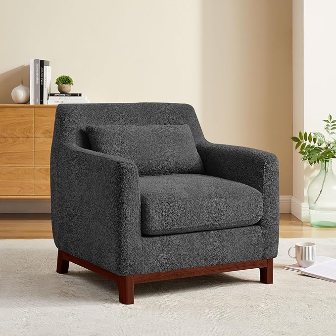 Extra Deep Accent Chair, Comfy Fabric Armchair with Wood Base, Upholstered Single Sofa Chair for Living Room & Bedroom, Boucle Dark Gray-Ruum Studio Home