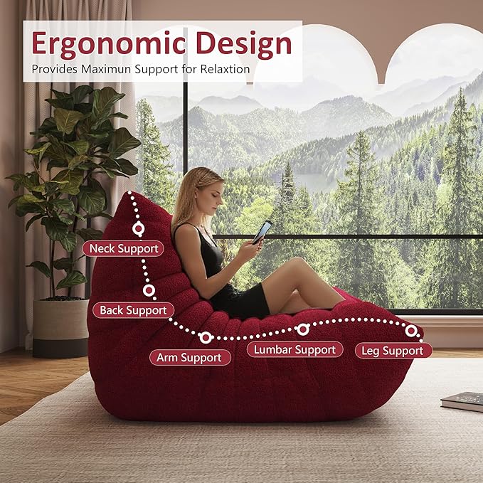 Bean Bag Chair, Oversized Bean Bag Chair for Living Room, Fireside Chair for Adults with Memory Foam Filled, Big Accent Lounge Floor Sofa for Reading, Relax, No Assembly Required. (Burgundy 3-Seater)-Ruum Studio Home