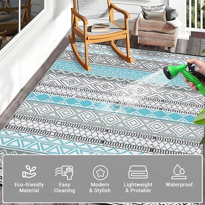 GAOMON Outdoor Rug 9'x12' Waterproof Rug for Patio Decor, Foldable Reversible Plastic Straw Area Rugs Mat for Camper, Outside Carpet for Deck, Porch, Picnic, Beach, Blue/Grey(Bohemia)-Ruum Studio Home