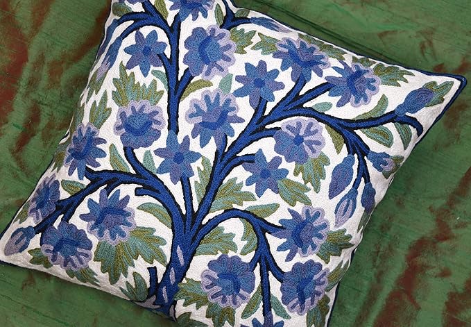 Blue Tree of Life Pillow Cover Indigo Plant Floral Pillowcase Needlepoint Botanical Flower Suzani Cushions Traditional Boho Modern Floral Cushion Wool Size - 18x18-Ruum Studio Home