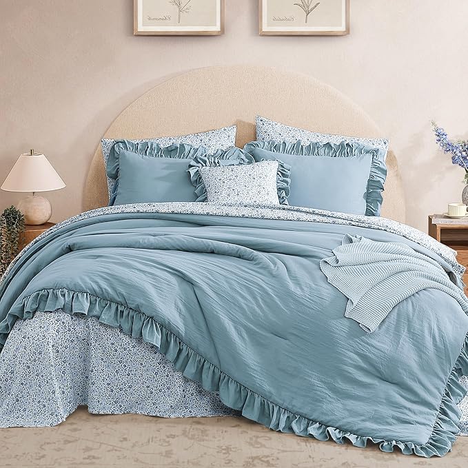 Full Comforter Set - 7 Pieces Ruffle Blue Bedding Sets, Shabby Chic Farmhouse Bed in a Bag Full with Ruffle Comforter, Floral Sheets, Pillowcases & Shams-Ruum Studio Home