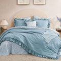 Queen Comforter Set - 7 Pieces Ruffle Blue Bedding Sets, Shabby Chic Farmhouse Bed in a Bag Queen with Ruffle Comforter, Floral Sheets, Pillowcases & Shams-Ruum Studio Home