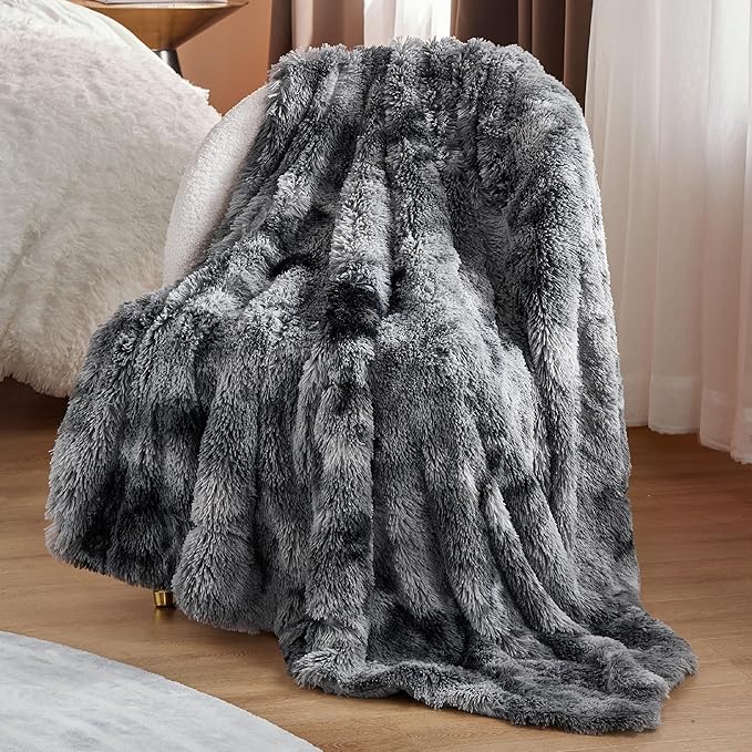 Bedsure GentleSoft Fuzzy Faux Fur Sherpa Fleece Blanket Twin Size, Plush Thick Warm Twin Blanket for Bed, College Dorm Essentials Gifts for Girls Boys, Tie Dye Grey Decor for Winter, 60x80-Ruum Studio Home