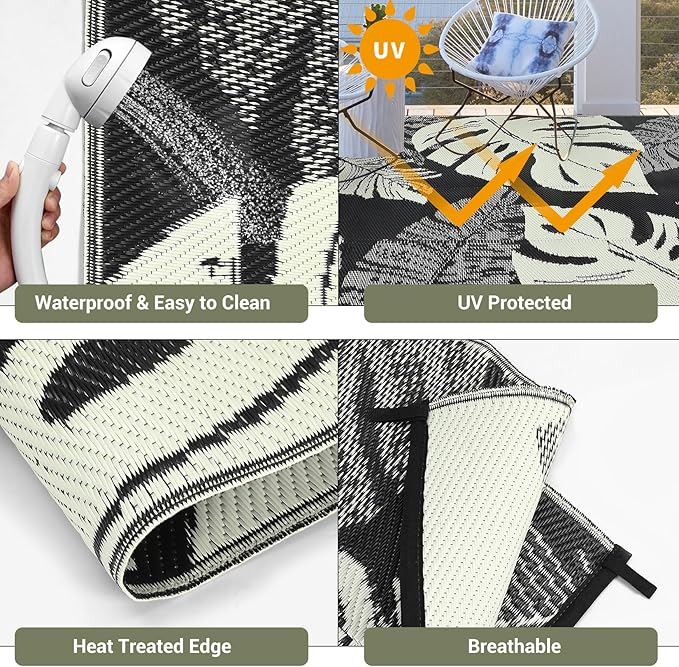 GAOMON Waterproof 8x10 Outdoor Rug Reversible Plastic Straw Rug Modern Patio Carpet, Foldable Lightweight RV Camping Mat with Portable Bag & 4 Stakes, UV Resistant & Sturdy for Picnic, Beige-Ruum Studio Home