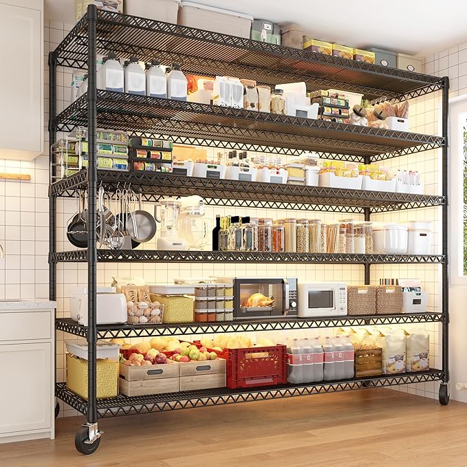 REIBII 60''W X 82.6" H Steel Heavy Duty Wire Shelving Unit with Wheels, 6-Tier Adjustable Storage Shelves 3598LBS Commercial Metal Shelves for Pantry, Garage, College Dorm Industrial Shelving, 2 Pack-Ruum Studio Home