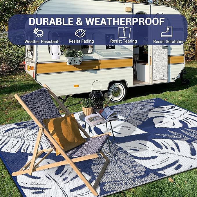 GAOMON Patio Rugs Outdoor 8x10 Waterproof Reversible Plastic Straw Rug Modern Patio Carpet, Foldable Lightweight RV Camping Mat with Portable Bag & 4 Stakes, UV Resistant & Sturdy for Picnic, Blue-Ruum Studio Home