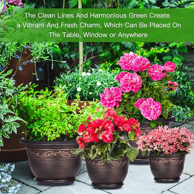 Plastic-Plant-Flower-Planters-12 Inch with Drainage Hole & Saucer, 3 Packs Lightweight Small Resin Flower Pot Indoor Outdoor, Retro Antique Imitation Decorative Garden Containers Sets for Houseplants-Ruum Studio Home