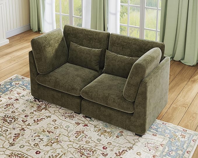 Oversized Modular Sofa, Extra Deep Cloud Chenille Sectional Couch with Ottoman Chaise, Fluffy Chenille 2 Seater Sofa Bed for Living Room, Villa (Loveseat Sofa, Chenille Green)-Ruum Studio Home