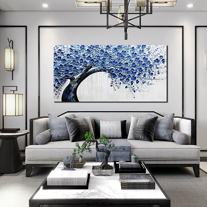 Large Wall Art for Living Room Bedroom Home Office Blue Tree of Life Wall Art Floral Picture Framed Wall Decor Modern Canvas Prints 24x48 In-Ruum Studio Home