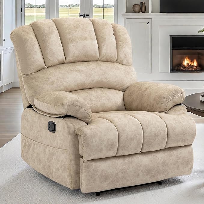 Luxlen Large Manual Recliner Chair,Soft Fabric Push Back Recliner with Overstuffed Armrest and Backrest, Living Room Single Sofa Recliners,Beige-Ruum Studio Home