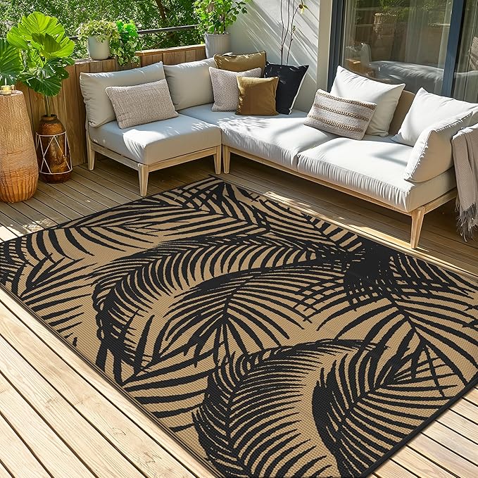GENIMO Outdoor Rug 5' x 8' Waterproof for Patio Clearance, Reversible Plastic Straw Camping Carpet, Lightweight Mats for Rv, Backyard, Deck, Porch, Picnic, Beach, Balcony, Black & Brown-Ruum Studio Home