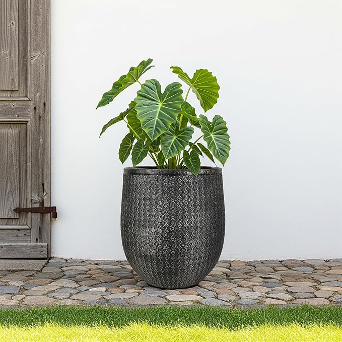 Worth Garden 12" Dia x 15" H Round Planter – Lightweight Magnesium Oxide Cement Plant Pot with Texture – Raised Pattern Concrete Look – Drainage Hole – Indoor & Outdoor Use - Black Gold-Ruum Studio Home