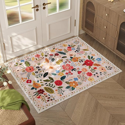 Door Mat Indoor Entrance 2x3 Rug Machine Washable Boho Floral Small Area Rug Non-Slip Low Pile Throw Rugs for Entryway, Kitchen, Front Door Indoor Entrance, Entry, Kids Room (Beige)-Ruum Studio Home