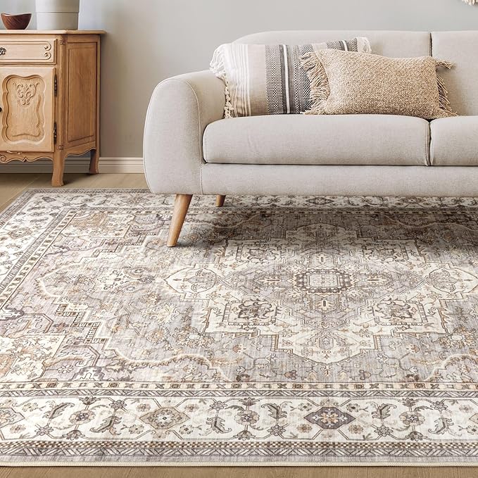 Washable Area Rugs for Living Room - 6x9 Neutral Vintage Distressed Floral Farmhouse Boho Large Soft Floor Rug Indoor Non Slip Carpet for Bedroom Dining Room Office - Grey Brown-Ruum Studio Home
