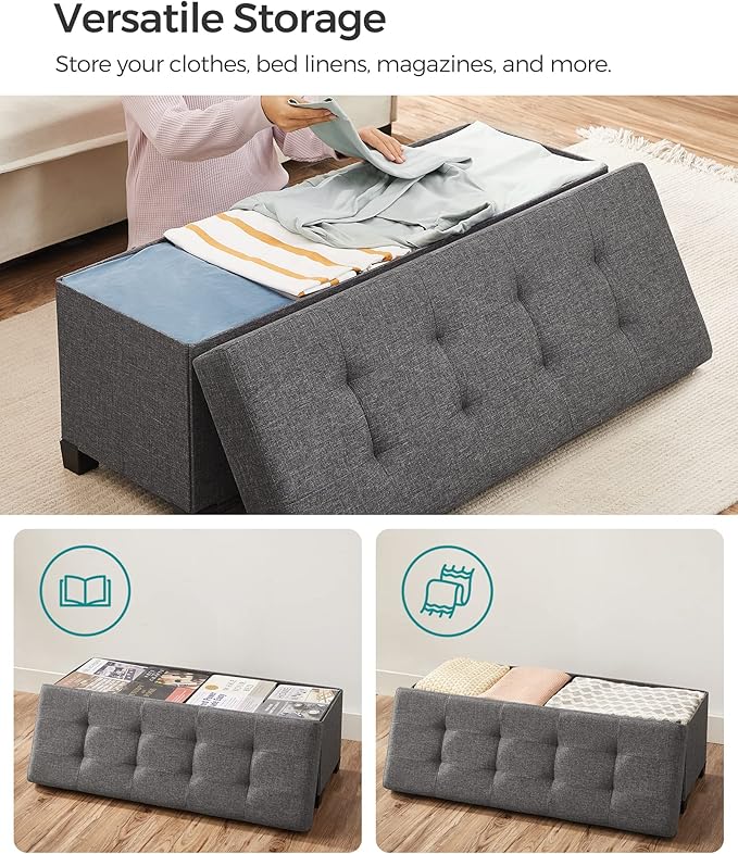 SONGMICS Storage Ottoman Bench, Foldable Foot Rest with Legs, 15 x 43 x 15.7 Inches, End of Bed Bench, Storage Chest, Load up to 660 lb, for Living Room, Bedroom, Entryway, Slate Gray ULSF018G01-Ruum Studio Home