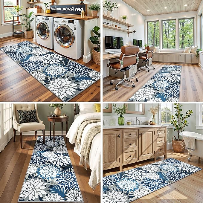 Area Rug 2x6 Blue White Washable Entry Rug Multicolored Tropical Botanical Modern Floral Indoor Kitchen Door Mat Entrance Carpet Non Slip for Bedroom Living Room, Porch-Ruum Studio Home