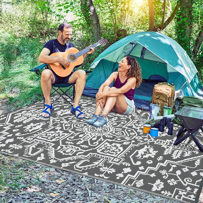 Outdoor Rug 9x12 Waterproof Reversible Plastic Straw Patio Rug, Stain-Resistant Vintage Medallion Carpet, Large Easy-Cleaning Indoor Outdoor RV Mat for Deck, Camping, Balcony, Grey White-Ruum Studio Home