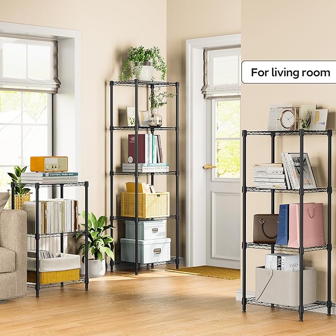 5 Tiers Shelf Metal Storage Shelves Wire Rack Closet Organizers with Wheel for Garage Kitchen Bathroom Laundry Black 11.8" D x 17.7" W x 55" H-Ruum Studio Home