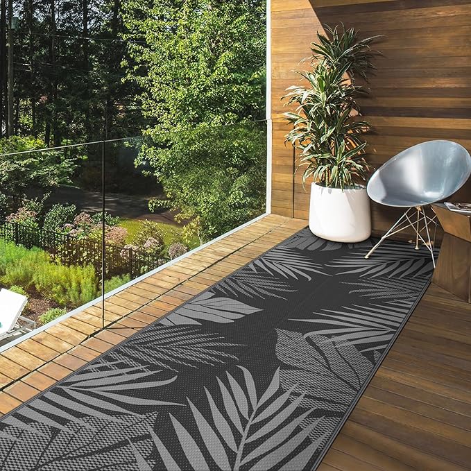 GENIMO Outdoor Rug 2.5' x 8' Waterproof for Patios Clearance, Reversible Outdoor Plastic Straw Camping Rug Carpet, Large Area Rugs Mats for RV, Camper, Deck, Balcony, Porch, Beach, Picnic, Black&Grey-Ruum Studio Home