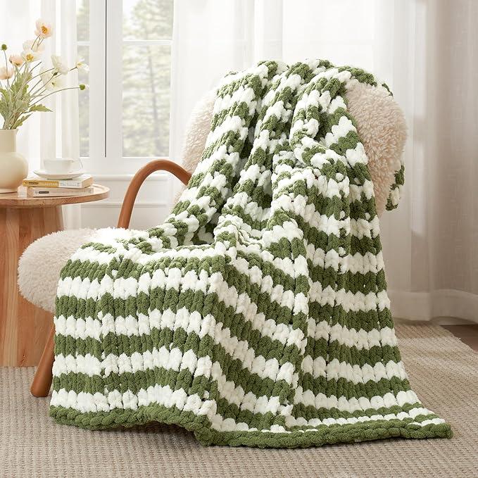 Amélie Home Chunky Knit Throw Blanket for Couch, Soft Chenille Crochet Blanket for Sofa, 50"x60", Sage Green & White Striped-Ruum Studio Home