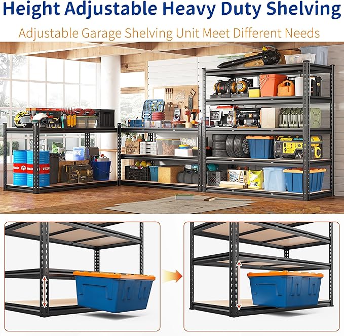 REIBII 48" W Garage Shelving Heavy Duty, 3000LBS Storage Shelves, 5-Tier Adjustable Metal Shelving, Garage Shelves Sturdy Industrial Shelf, Easy Assemble, 72" H x 48" W x 18" D-Ruum Studio Home