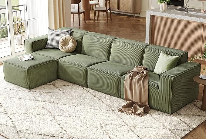 LINSY HOME Modular Sectional Sofa, 134" Boneless Couch L Shaped 4-Seat Sofa with Movable Ottoman, Corduroy Sectional Cloud Couches for Living Room, No Assembly Required, Green-Ruum Studio Home