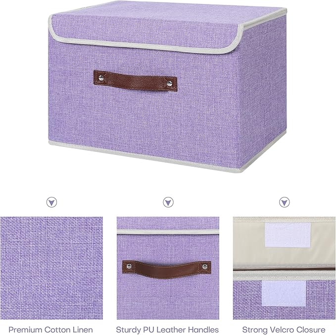 ANMINY 4PCS Storage Bins with Lid PU Leather Handles Storage Boxes PP Plastic Board Decorative Foldable Lidded Cotton Linen Fabric Home Cubes Baskets Closet Organizer Containers - Purple, Large Size-Ruum Studio Home