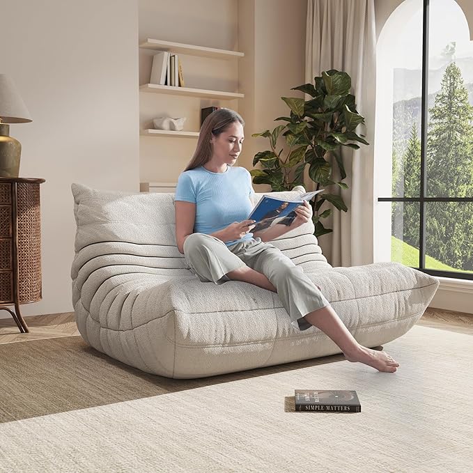 Bean Bag Chair, Oversized Loveseat Fireside Chair for Adults, 2 Seater with Memory Foam Filled, Lazy Sofa Lounge Floor Sofa for Living Room, Bedroom, Office, No Assembly Required. (Beige)-Ruum Studio Home