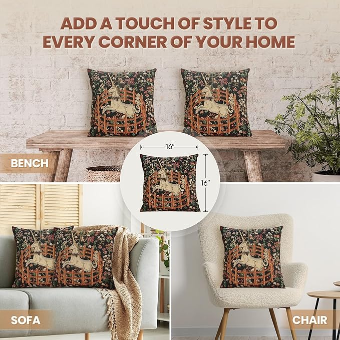 Charlotte Home Furnishings Couch Pillow Covers 16X16 in, Unicorn Decorative Throw Pillow Covers, Belgian Square Tapestry Cushion Case, Living Room Bed Sofa Home Decor, Soft Cotton Jacquard Woven-Ruum Studio Home