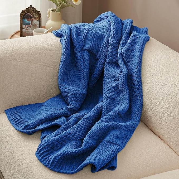 Amélie Home Chenille Knit Throw Blanket for Couch, Checkered Texture Decorative Soft Blanket for Sofa, Bed & Living Room, 50"x60", Blue-Ruum Studio Home