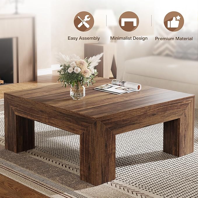 Tribesigns 39.4-Inch Square Coffee Table for Living Room, Farmhouse All MDF Accent Center Cocktail Table with Sturdy Wooden Legs, Easy Assembly, Dark Brown-Ruum Studio Home