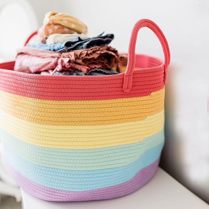 OrganiHaus Large Blanket Basket for Living Room 20x13, Rainbow Rope Basket for Classroom Organization, Toy Storage Basket, Woven Kids Laundry Basket, Baby Toy Box, Cute Storage Basket, Nursery Hamper-Ruum Studio Home