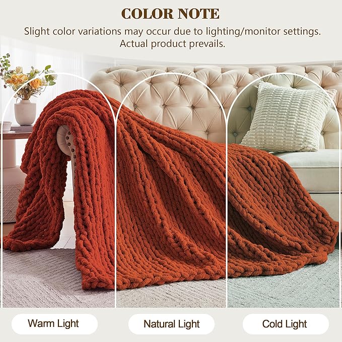 Carriediosa Chunky Knit Throw Blanket 60" X 80" Twin, 100% Hand Made Large Chenille Loop Yarn Soft Fluffy Throws for Couch Sofa Bed, Big Crochet Cozy Heavy Thick Cable Woven Blankets, Rust-Ruum Studio Home