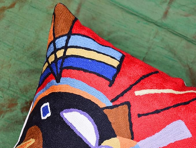 Kandinsky Contemporary Throw Pillow Cover - Bright | Red Modern Pillow Cases | Abstract Accent Pillows | Contemporary Couch Cushions | Hand Embroidered Cushion | Wool Size 18x18-Ruum Studio Home