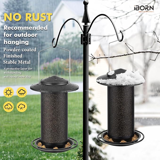iBorn Bird Feeders for Outdoors, All Metal Mesh Tube, Holding Bird Seed for Outside Feeders,18cm Large Roof, Black, 2.8lb(Seed is not Included)-Ruum Studio Home