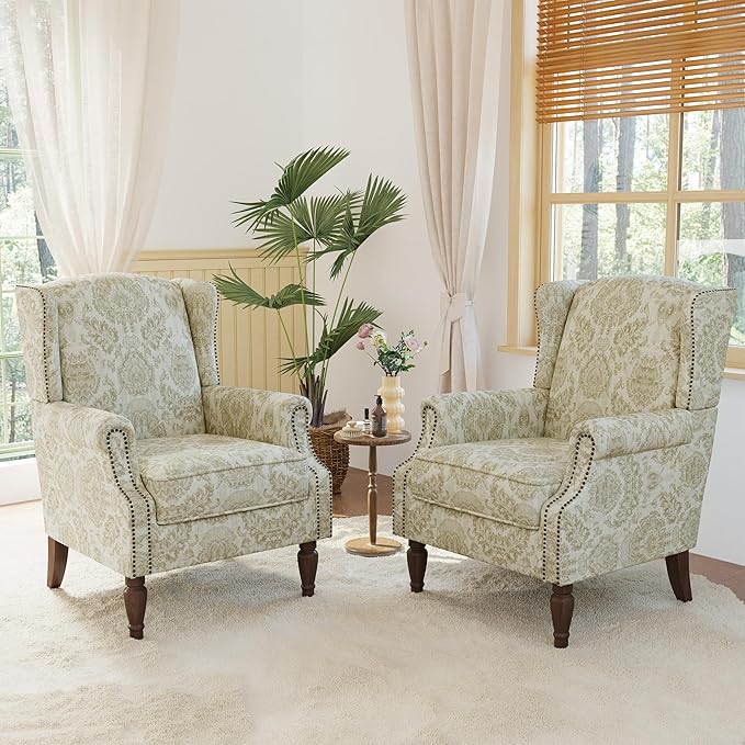 Lumibee Wingback Accent Chair, 2 Set High Back Floral Armchairs in Fabric,Comfy Upholstered Reading Single Sofa Chairs with Solid Wood Legs for Living Room,Bedroom,Office-White-Ruum Studio Home