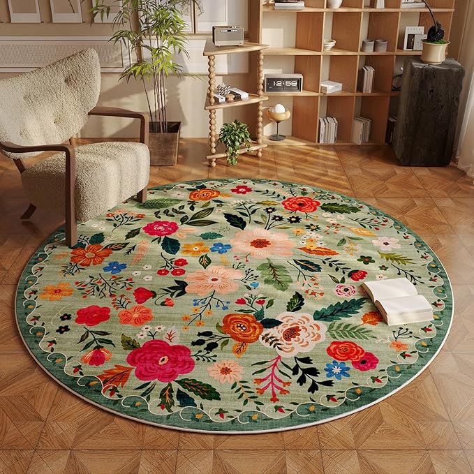 Round Rug 6ft Washable Circle Rug Non Slip Low Pile Boho Floral Small Circular Rug for Bedroom, Bathroom, Entryway, Kids Room, Office, College Dorm(Green)-Ruum Studio Home